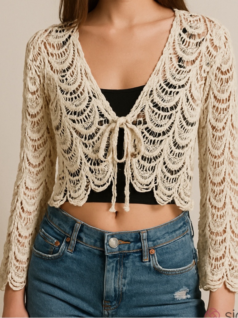Paris VTG Tie Front Cardigan Sweater Size L Boho Western Hippie Lightweight Y2K